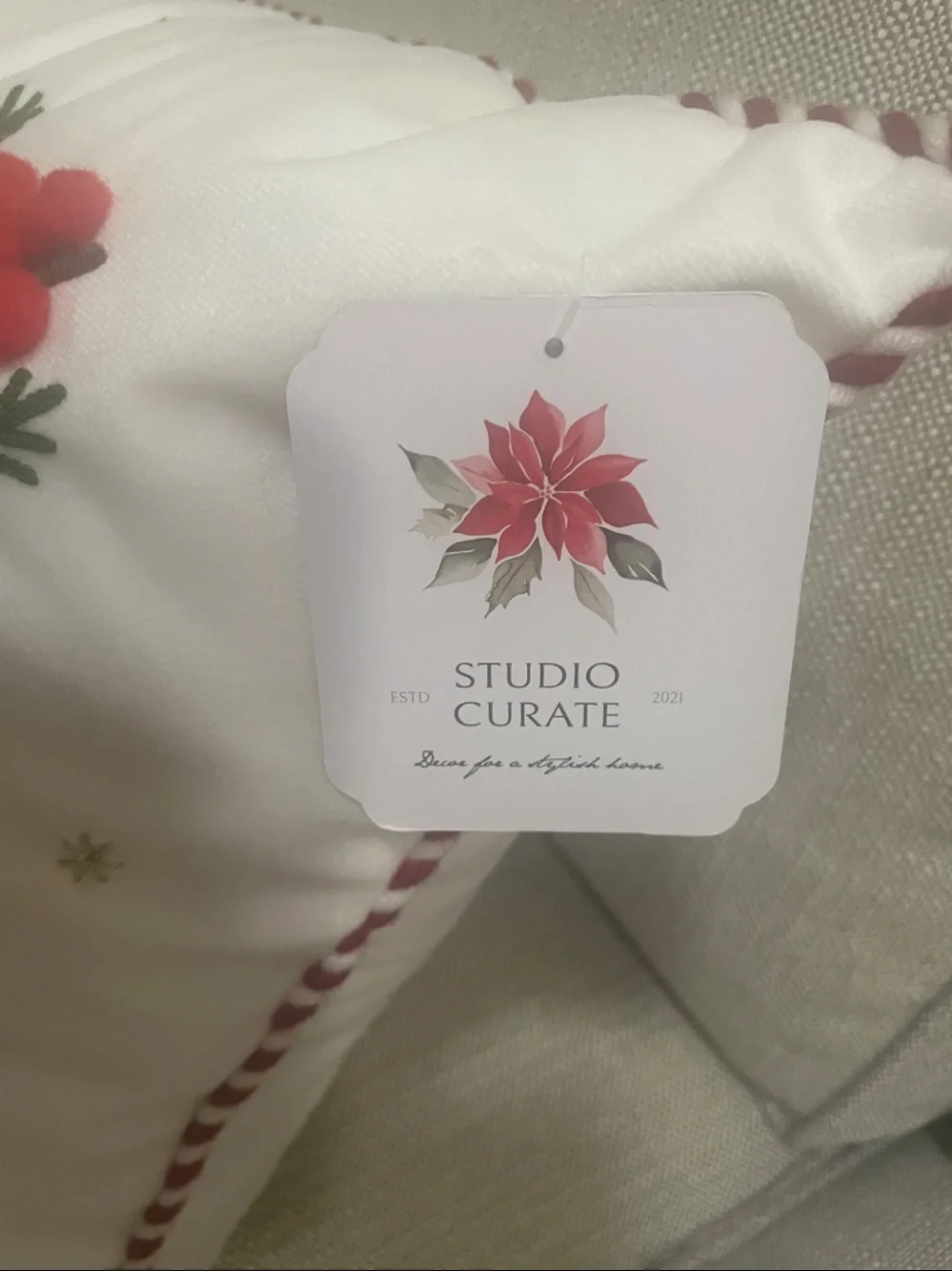 Studio Embroidered Cardinal Pillow in White, Red, Green